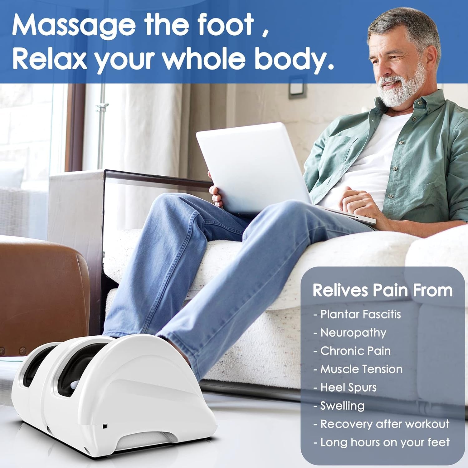 Electric Foot Massager - Deep Tissue Kneading Massage Machine for Increacing Blood Circulation, Lasting Pain Relief, Plantar Fasciitis, Neuropathy - Heated Portable and Remote Control